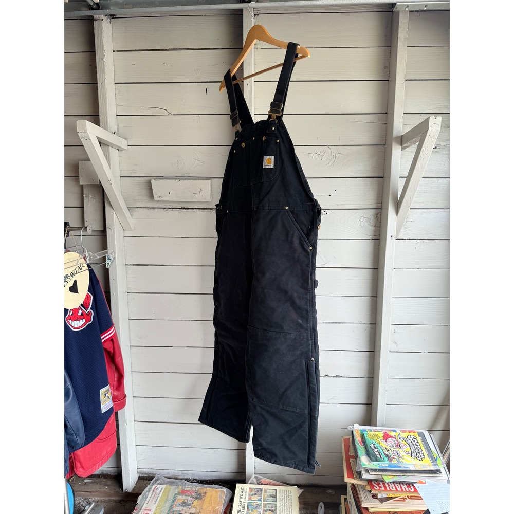 Carhartt R03 Black Quilt Lined Duck Bib Overalls Mens 40x28 Double Knee R03-BLK